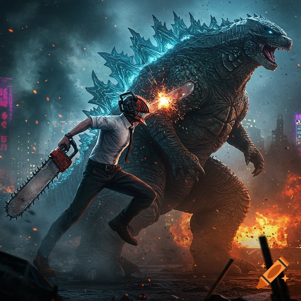 Chainsaw Man attacks Godzilla in a burning city under a dark, stormy sky, sparks flying from the impact.