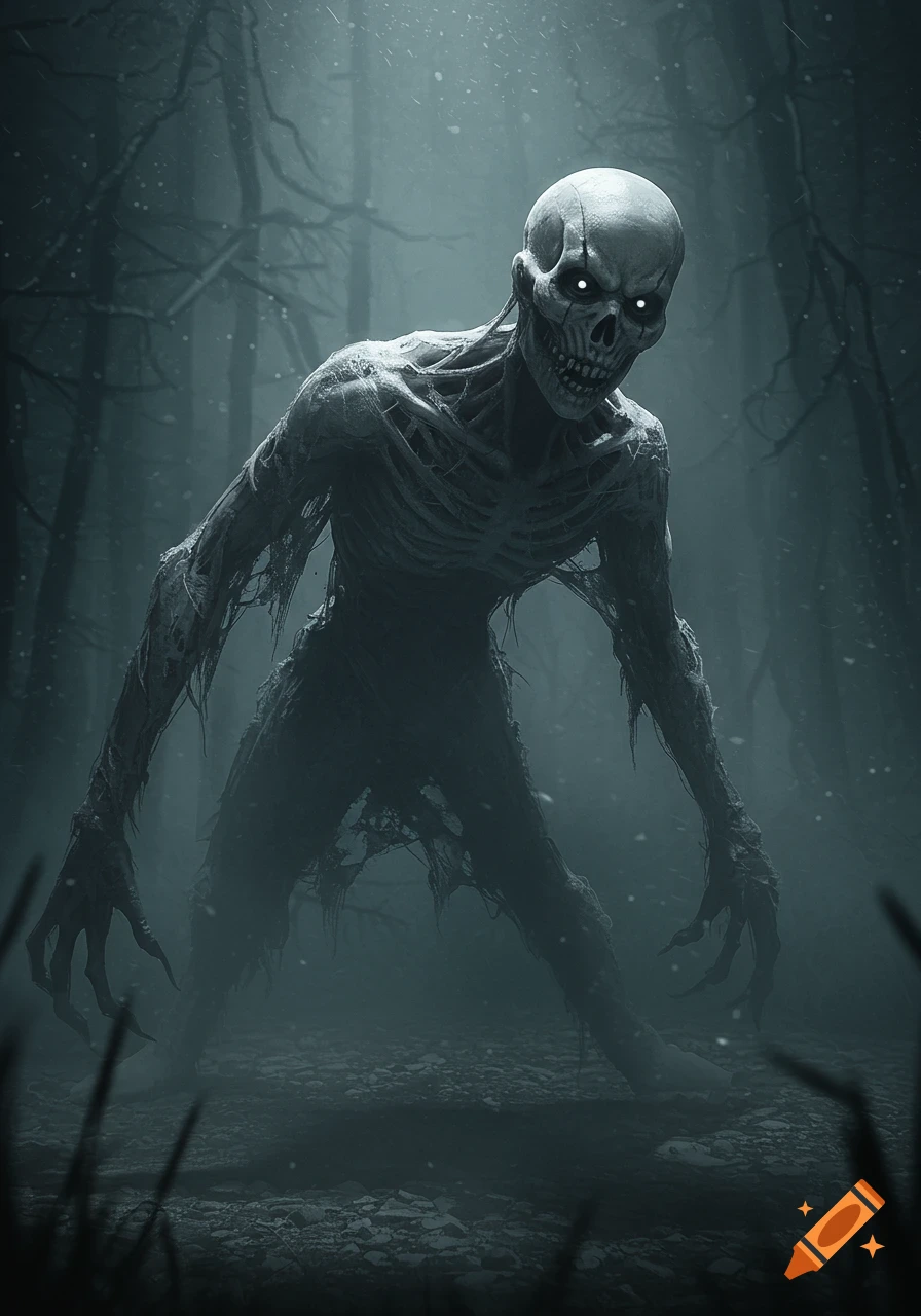 A terrifying skeletal entity with glowing eyes stands in a dark, misty forest.