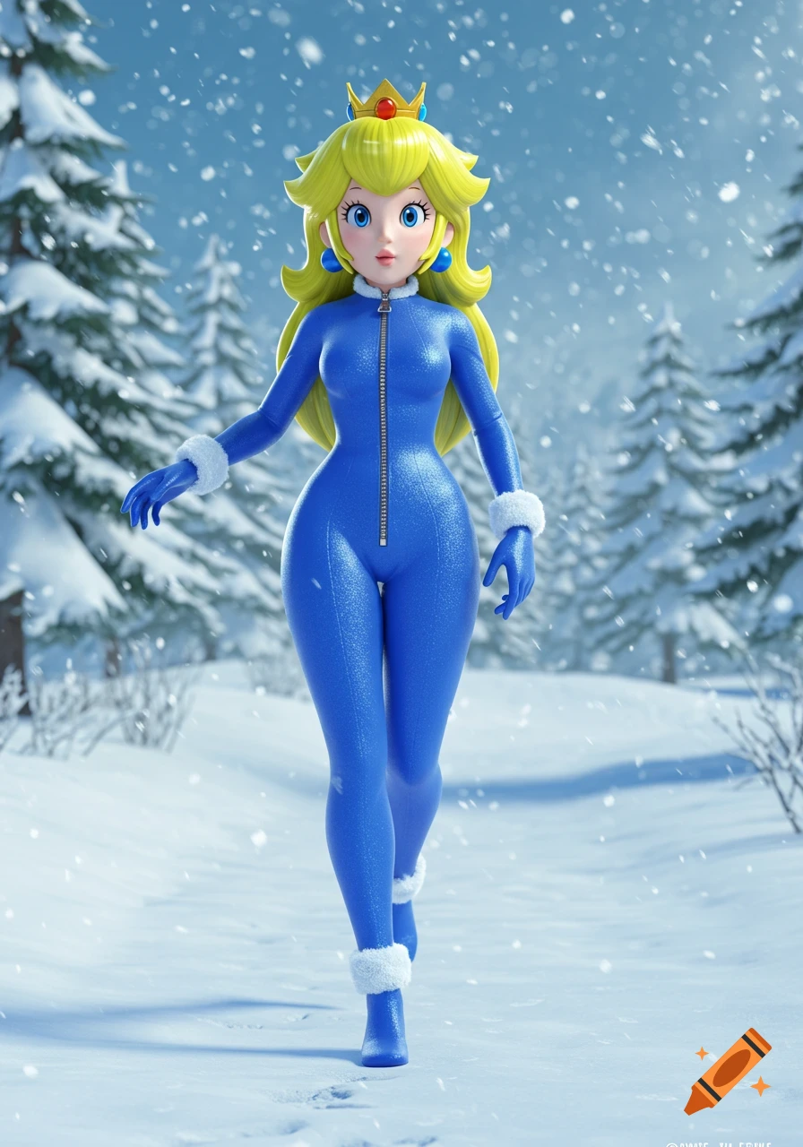 3D render of Princess Peach in a blue snow jumpsuit, walking through a snowy winter forest.