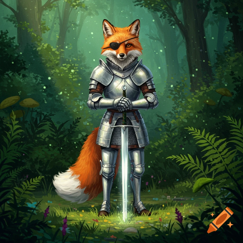 Illustrated fox in silver knight armor with an eyepatch, holding a glowing sword in a magical forest.