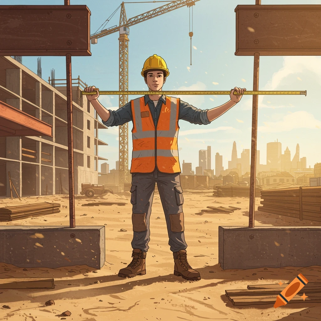 An illustrated construction worker in a hard hat and safety vest holds a measuring tape at a sunny construction site with a city skyline.