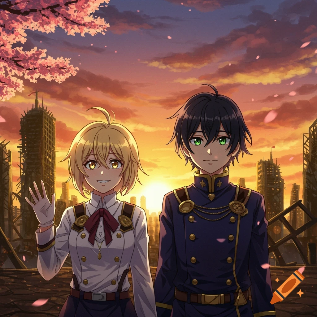 Two anime characters, a blonde girl and a dark-haired boy, stand in a ruined city at sunset under a cherry blossom tree. The girl waves.