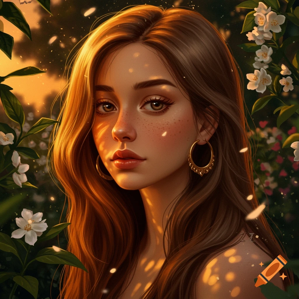 A beautiful young woman with long brown hair and gold hoop earrings, in a sunlit garden with white flowers. Digital art portrait.
