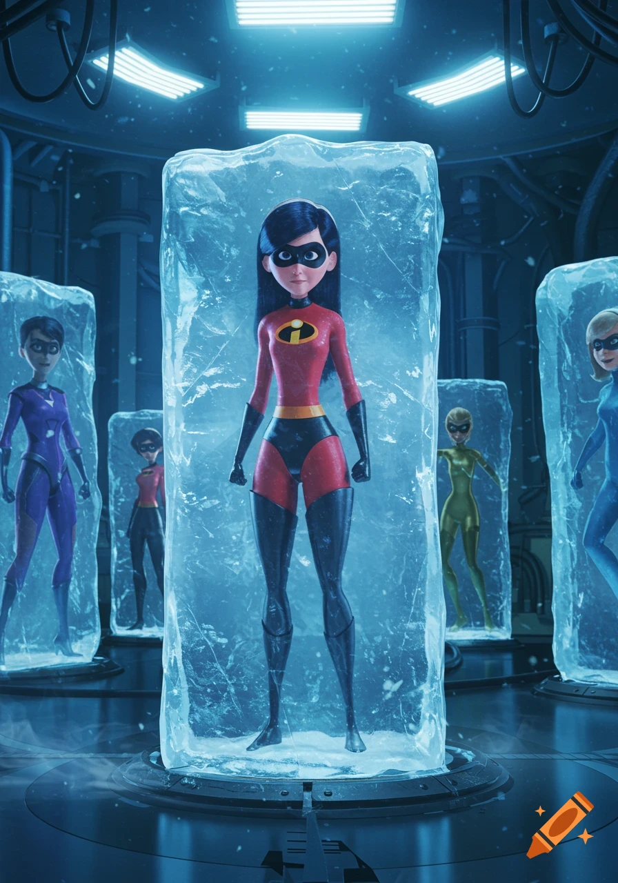 Violet from The Incredibles and other superheroines frozen in ice blocks in a futuristic laboratory.
