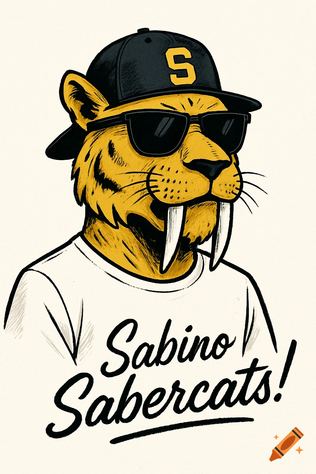A stylized illustration of a cool sabertooth tiger wearing a black baseball cap with an S, black sunglasses, and a white t-shirt that reads "Sabino Sabercats!".