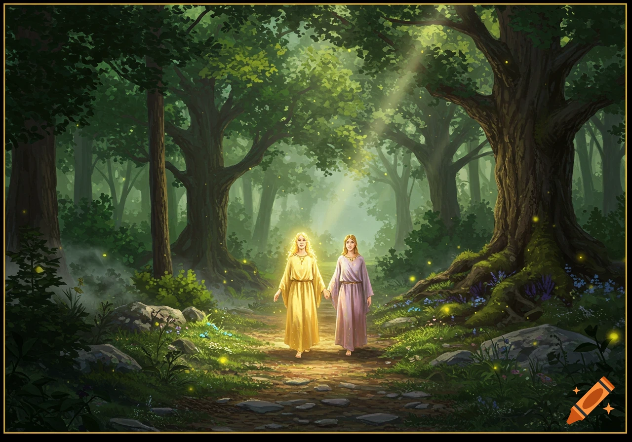 Two women with long blonde hair, one in a golden robe and one in a purple robe, walk hand-in-hand on a path through an enchanted forest with sunbeams and glowing fireflies.