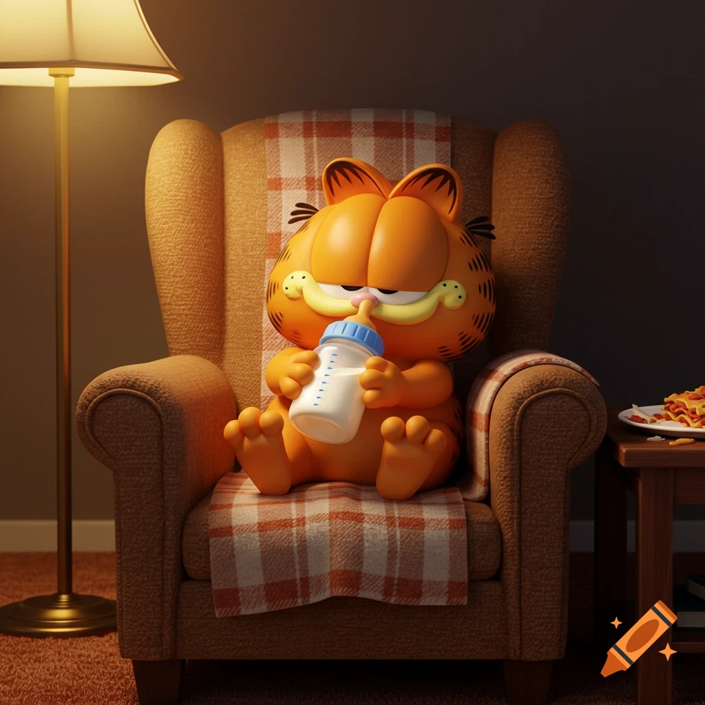 Baby Garfield sitting in a cozy armchair, drinking milk from a bottle, in a 3D render style.