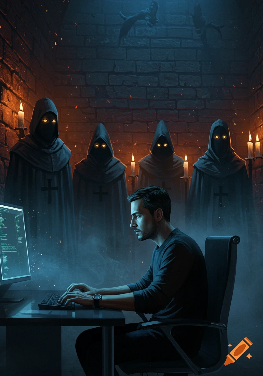 A man codes on a computer in a dimly lit, brick-walled room as four hooded figures with glowing eyes stand eerily behind him.