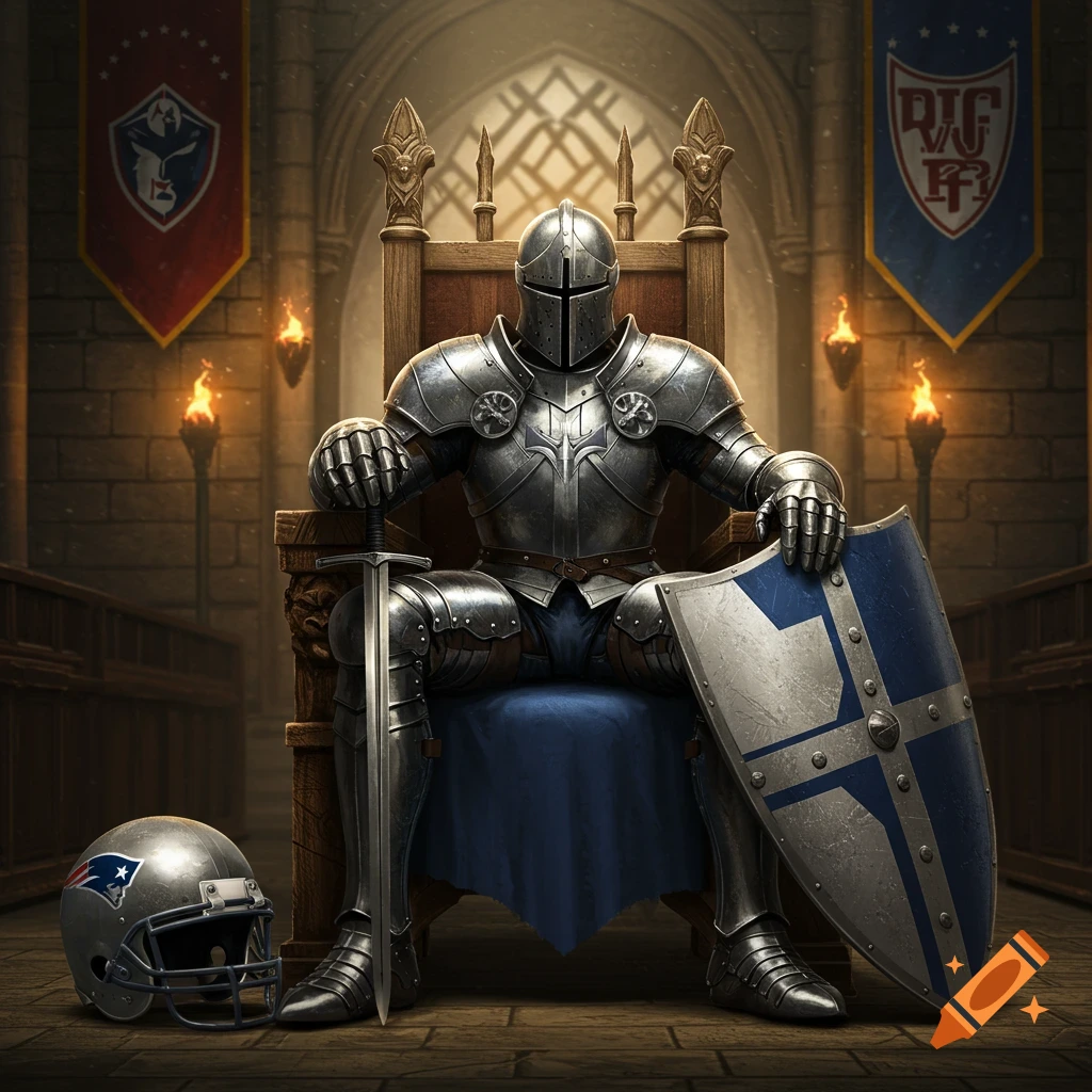 A knight in full armor sits on a throne in a stone castle, holding a sword and a shield, with a football helmet on the floor. Banners hang on the walls.
