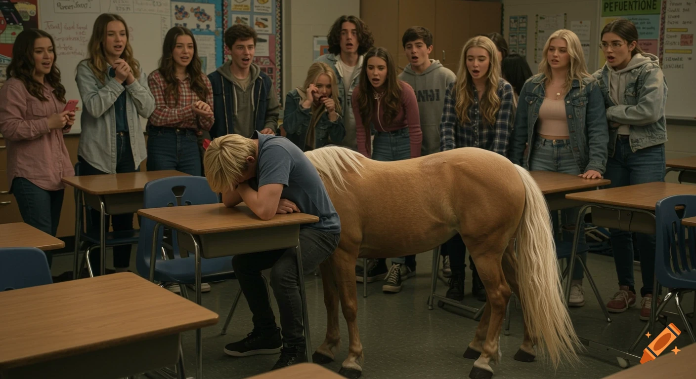 A blond centaur student covers his face in embarrassment at a classroom desk while other students look on in surprise.