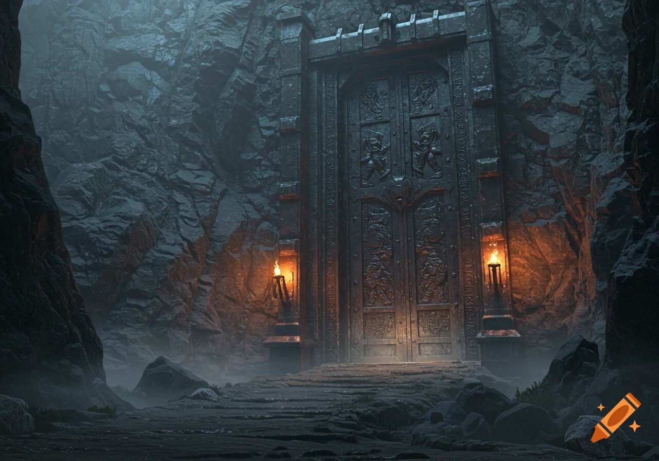 A massive, ornate dwarven door with intricate carvings is set into a dark, rocky mountain wall, illuminated by torchlight.