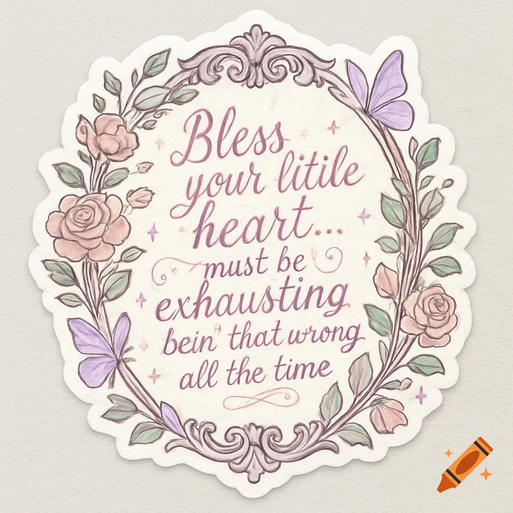 Whimsical sticker with a floral border of pink roses and purple butterflies. Text reads: "Bless your litile heart... must be exhausting bein' that wrong all the time."