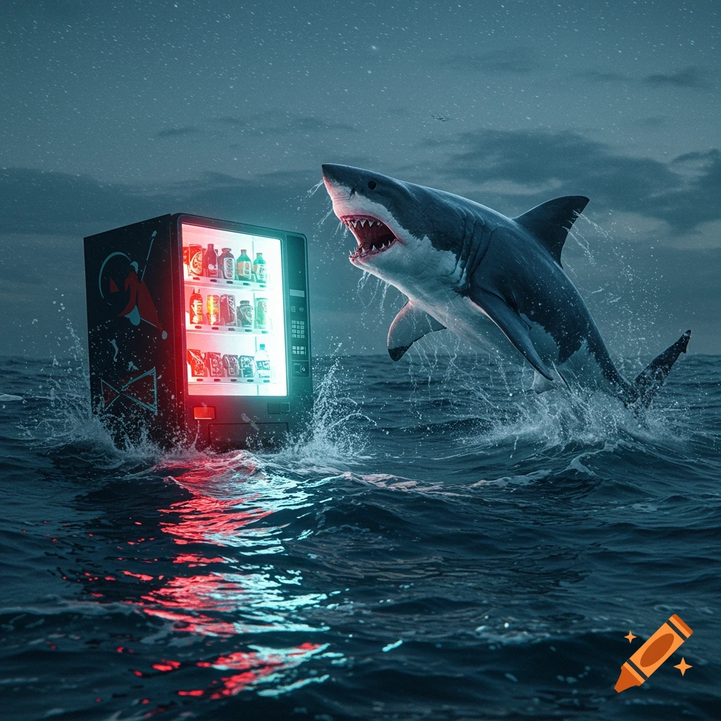 A great white shark leaps out of choppy ocean water, mouth agape, next to an illuminated vending machine floating in the sea at dusk.