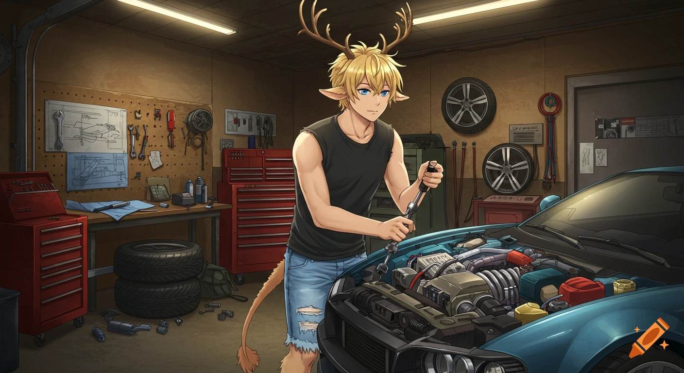 An anime-style satyr with blond hair and antlers works on the engine of a blue sports car in a garage.