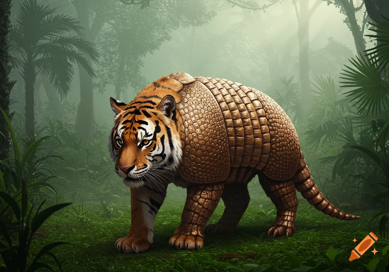 A creature that is a mix of a tiger and an armadillo walks through a misty green jungle.
