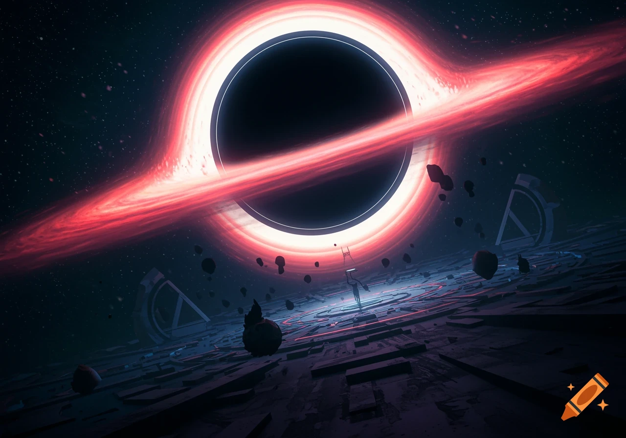 A black hole with a vibrant red swirling accretion disk above a geometric, dark landscape with floating debris.