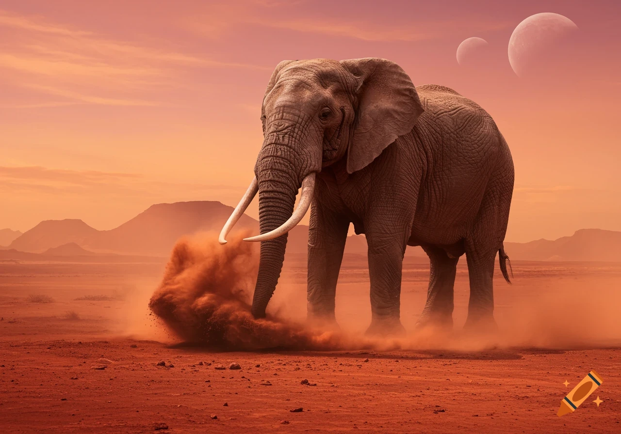 A hyperrealistic elephant kicks up red dust in a desert landscape under an orange sky with two moons.