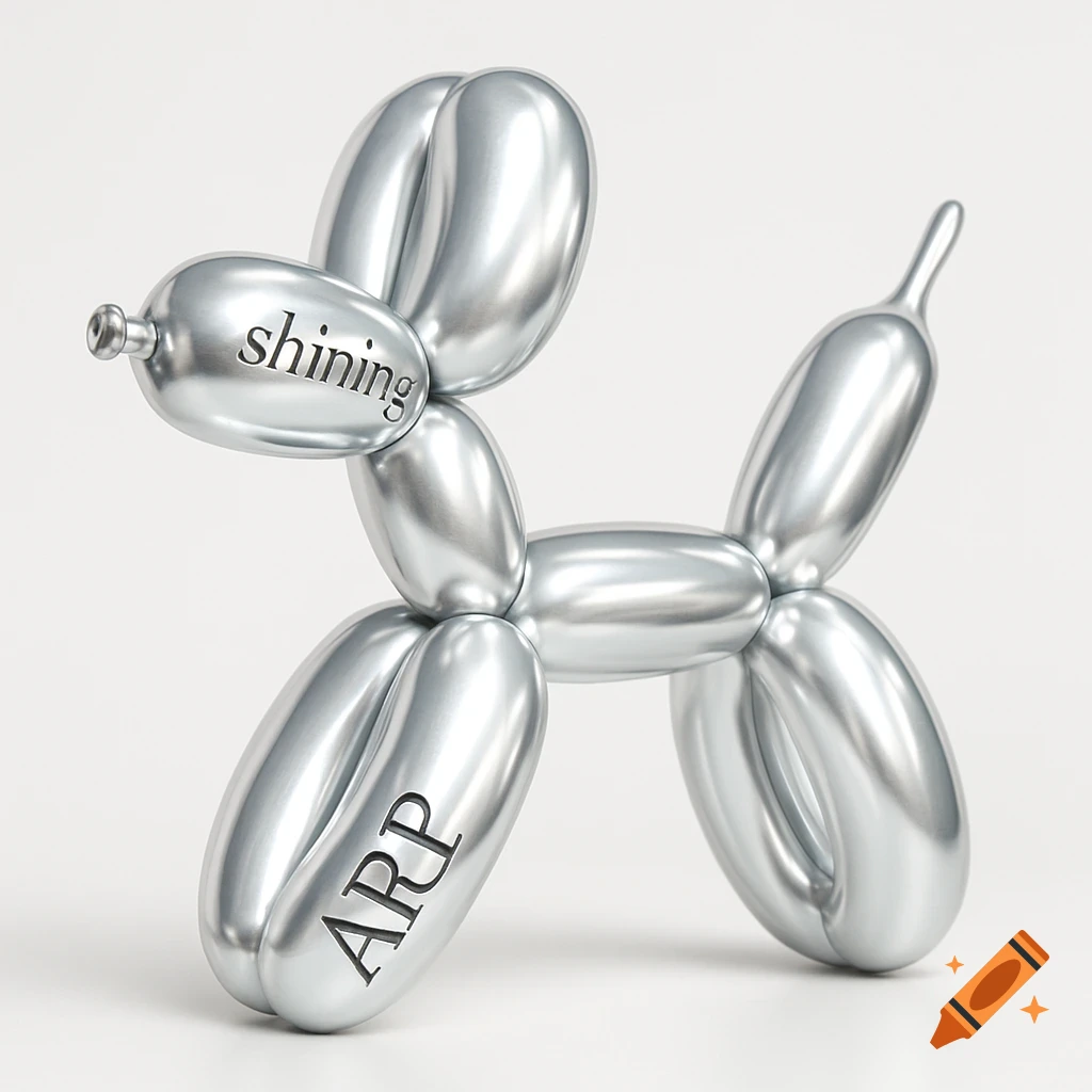 A shiny silver metallic balloon dog sculpture with the word 'shining' on its head and 'ARP' on its leg.