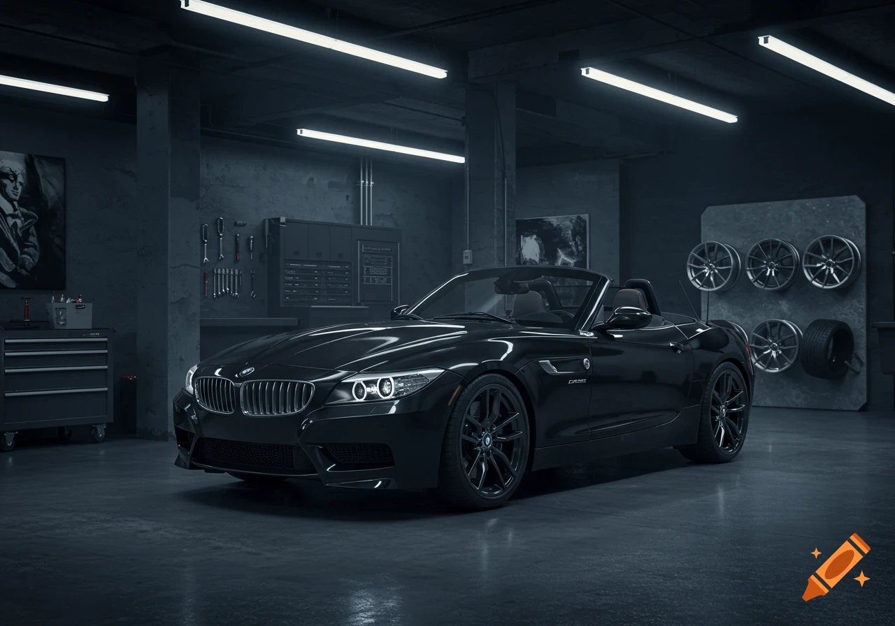 A black BMW Z4 convertible is parked in a dimly lit garage with tools and spare wheels on the walls.