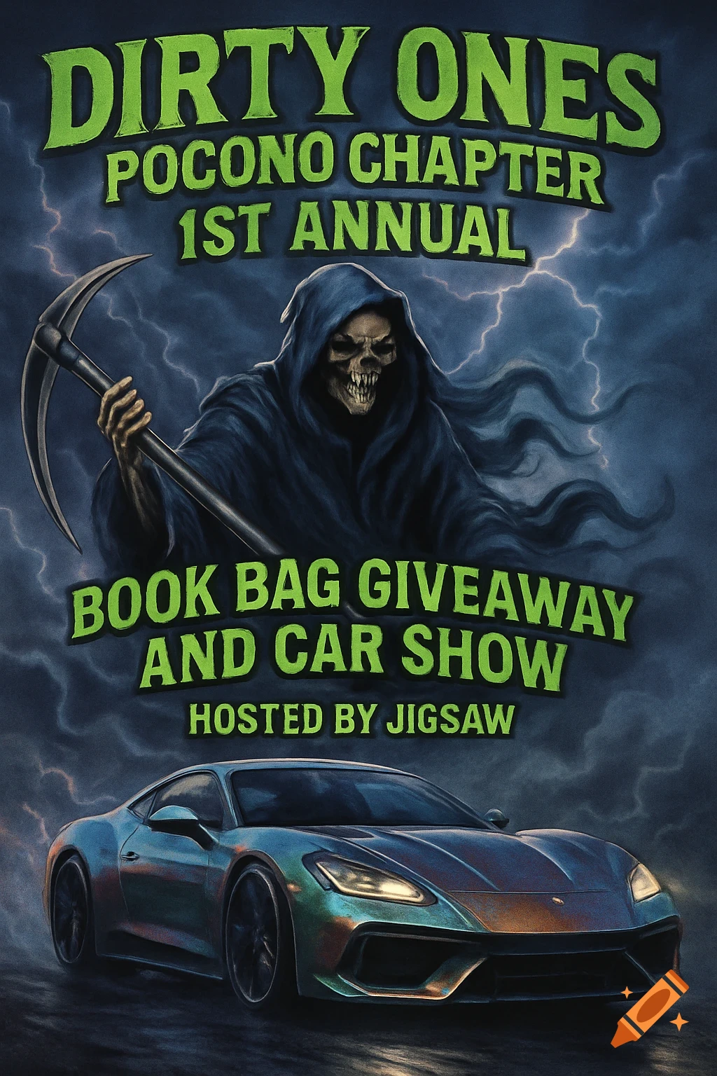 A dark flyer for 'Dirty Ones Pocono Chapter 1st Annual Book Bag Giveaway and Car Show Hosted by Jigsaw' featuring a grim reaper holding a scythe under lightning and a teal sports car.