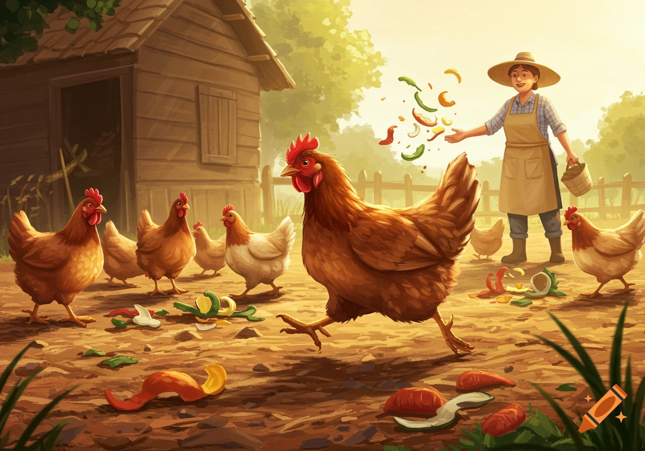 A farmer's wife feeding chickens with food scraps in a sunny farmyard, with a chicken coop in the background.