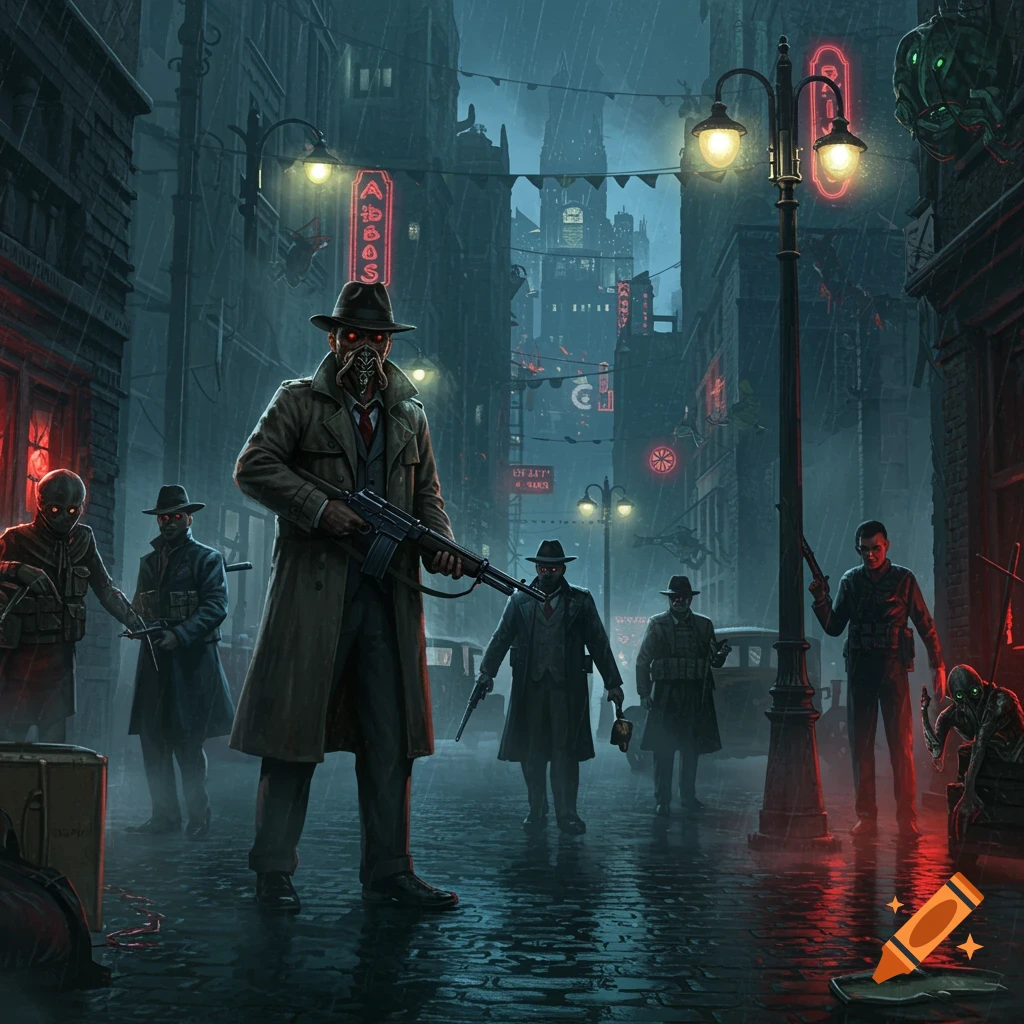 A group of trench-coated figures with glowing red eyes and gas masks, some holding weapons, stand on a rainy, neon-lit city street at night in a dark fantasy style.