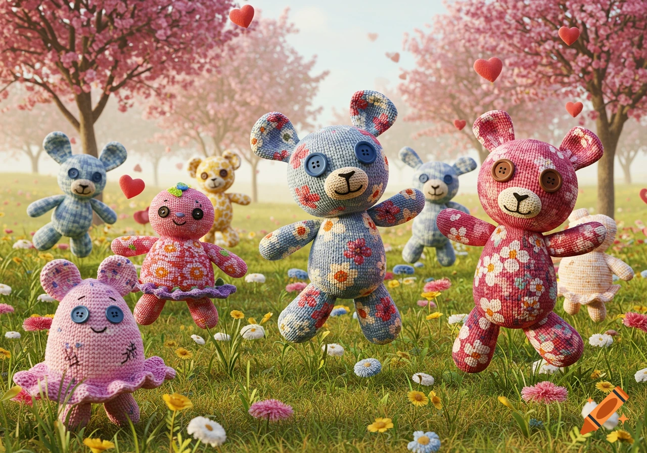 Crocheted stuffed animals dancing in a vibrant meadow under cherry blossom trees with hearts and flowers.