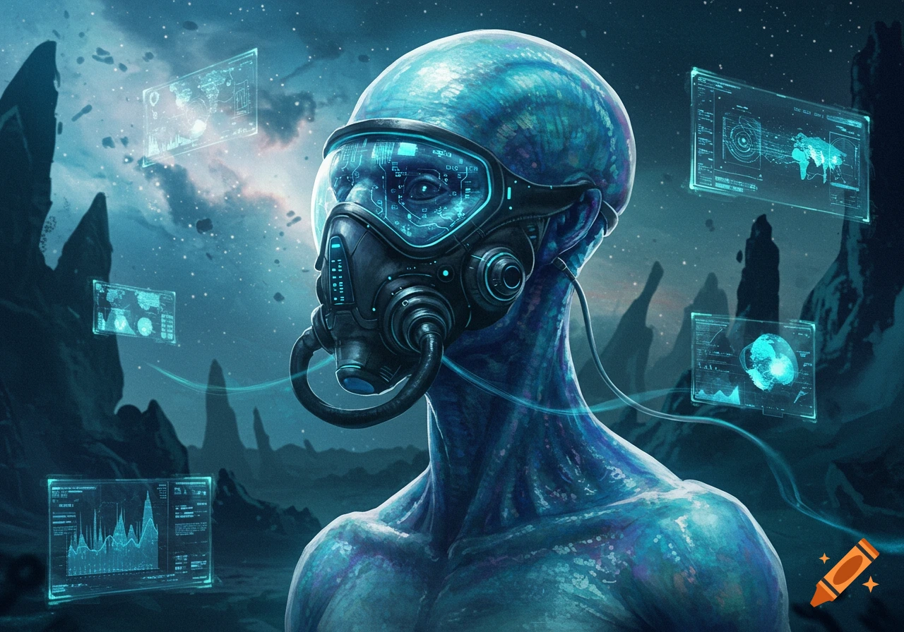 A blue-skinned alien with a breathing mask and glowing futuristic goggles stands in a cosmic landscape with holographic data screens.