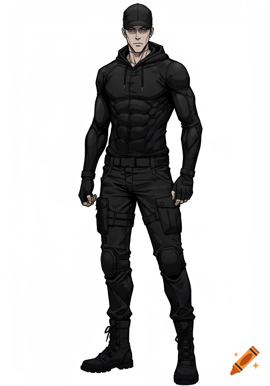Full-body anime-style male character in all black tactical gear, including a cap, hoodie, and pants, standing against a white background.