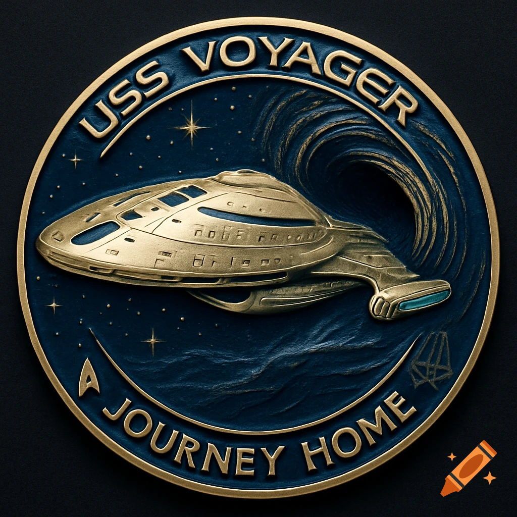 A golden and blue relief coin depicting the USS Voyager starship above "A JOURNEY HOME" text and below "USS VOYAGER" text, against a starry, swirling blue background.