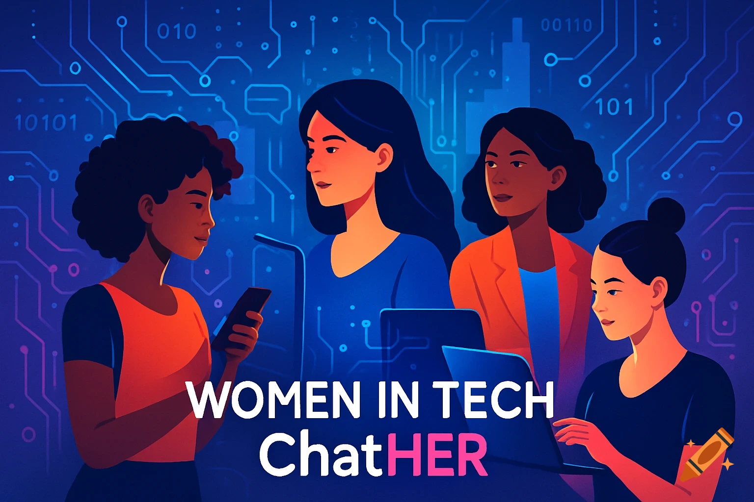 A stylized illustration of four diverse women in a tech-themed setting with circuit board patterns. Text reads "WOMEN IN TECH ChatHER".