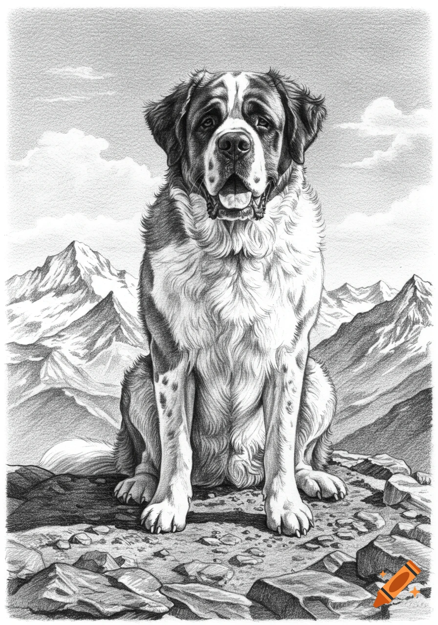 A black and white pencil sketch of a Saint Bernard dog sitting on rocks in a mountainous landscape.