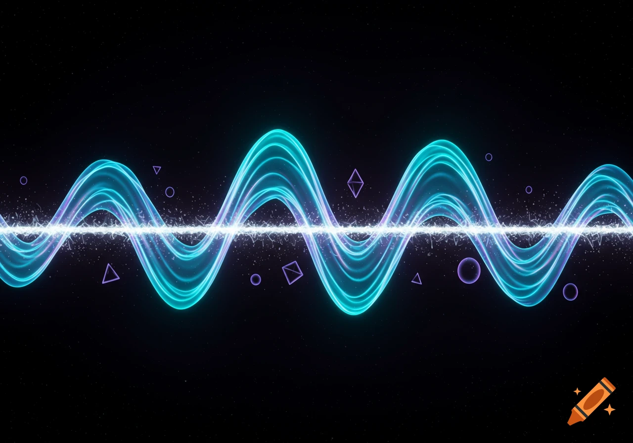 A glowing cyan and purple sine wave with sparkling particles across a dark, star-filled background with faint geometric shapes.