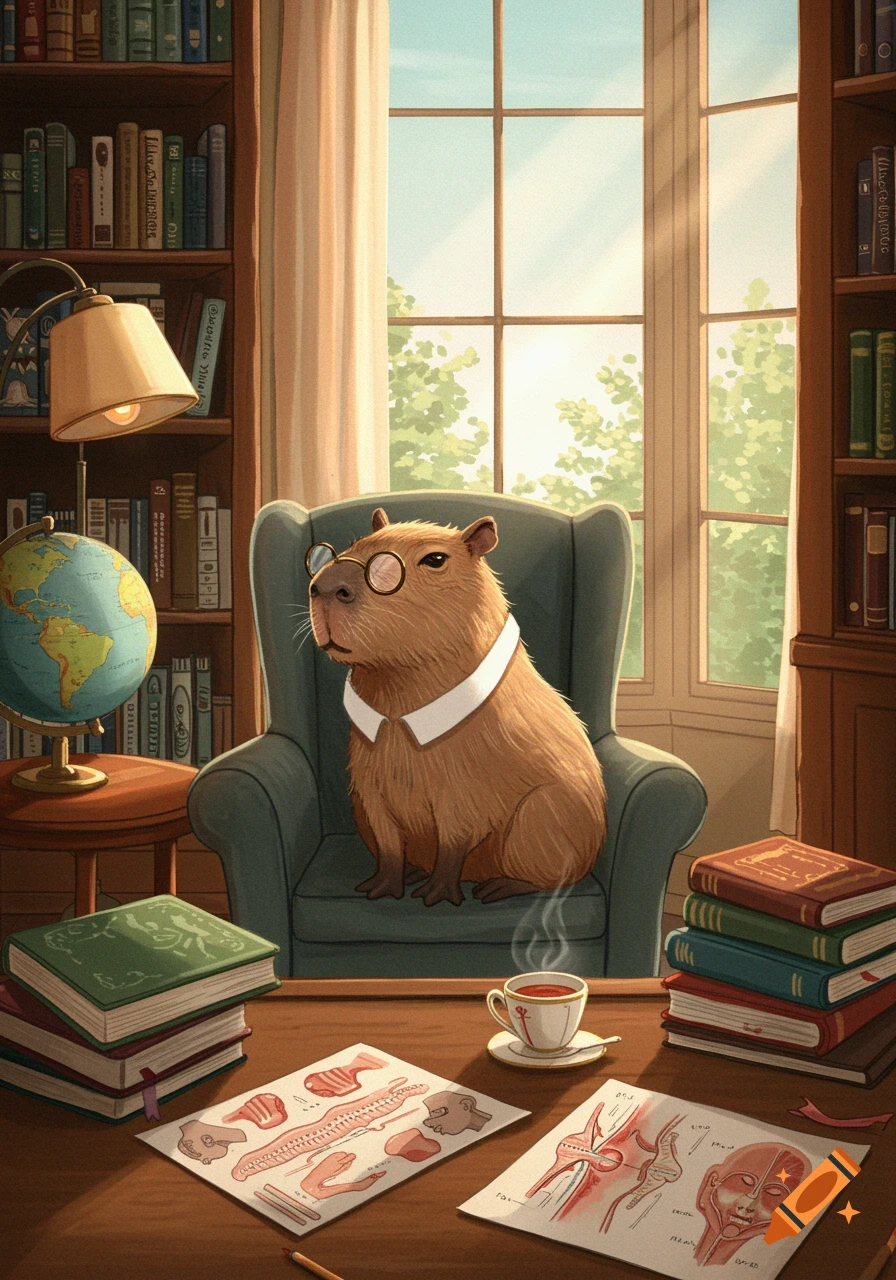 A capybara wearing eyeglasses and a white collar sits in an armchair at a desk in a study, with books, a globe, and anatomical diagrams spread out.