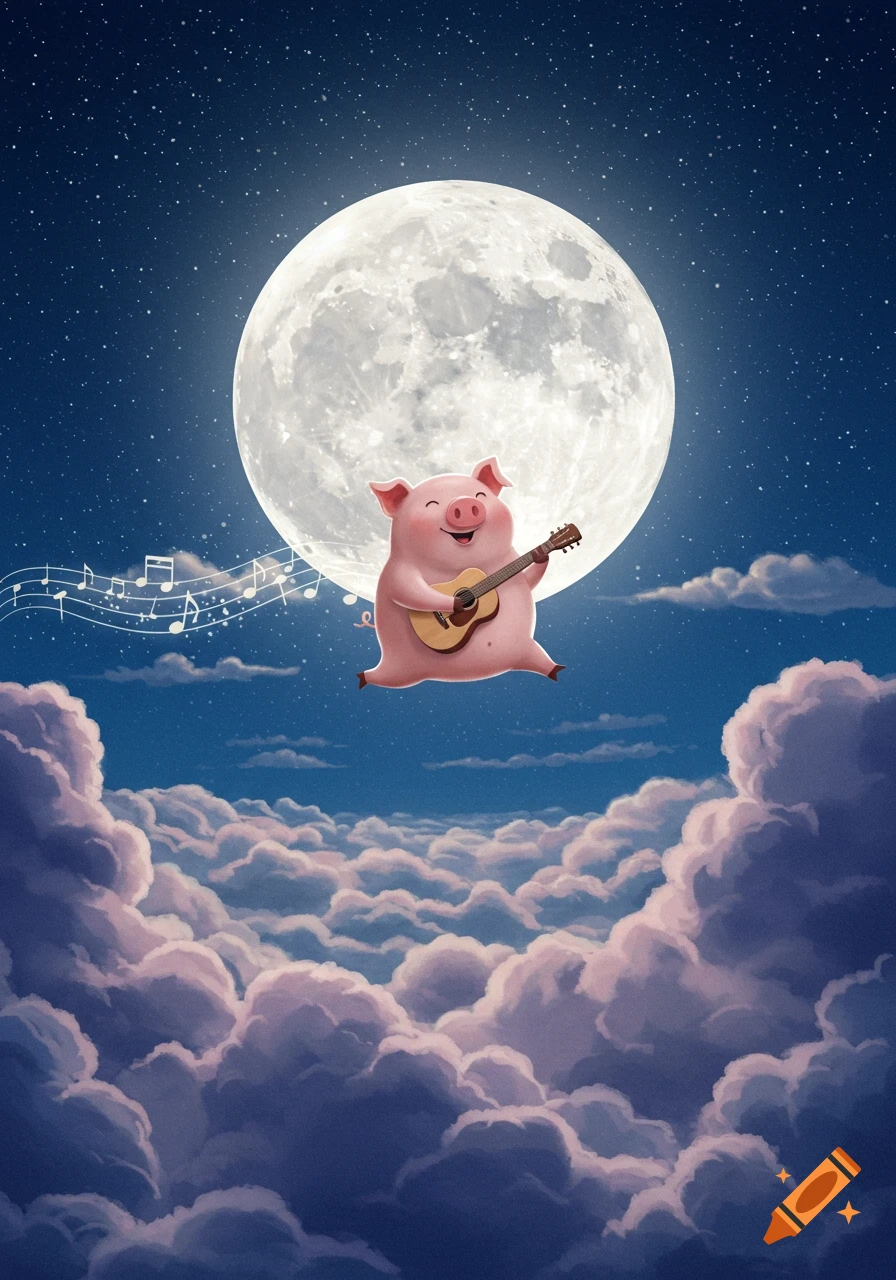 A cute pink cartoon pig floats in the night sky playing a guitar, with musical notes around it, in front of a large full moon above clouds.