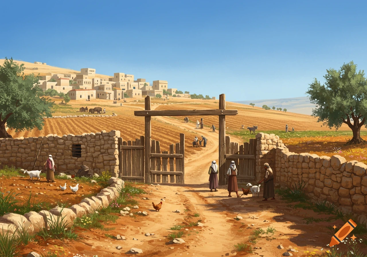 A rural village in a desert landscape with people, animals, and cultivated fields under a clear blue sky.
