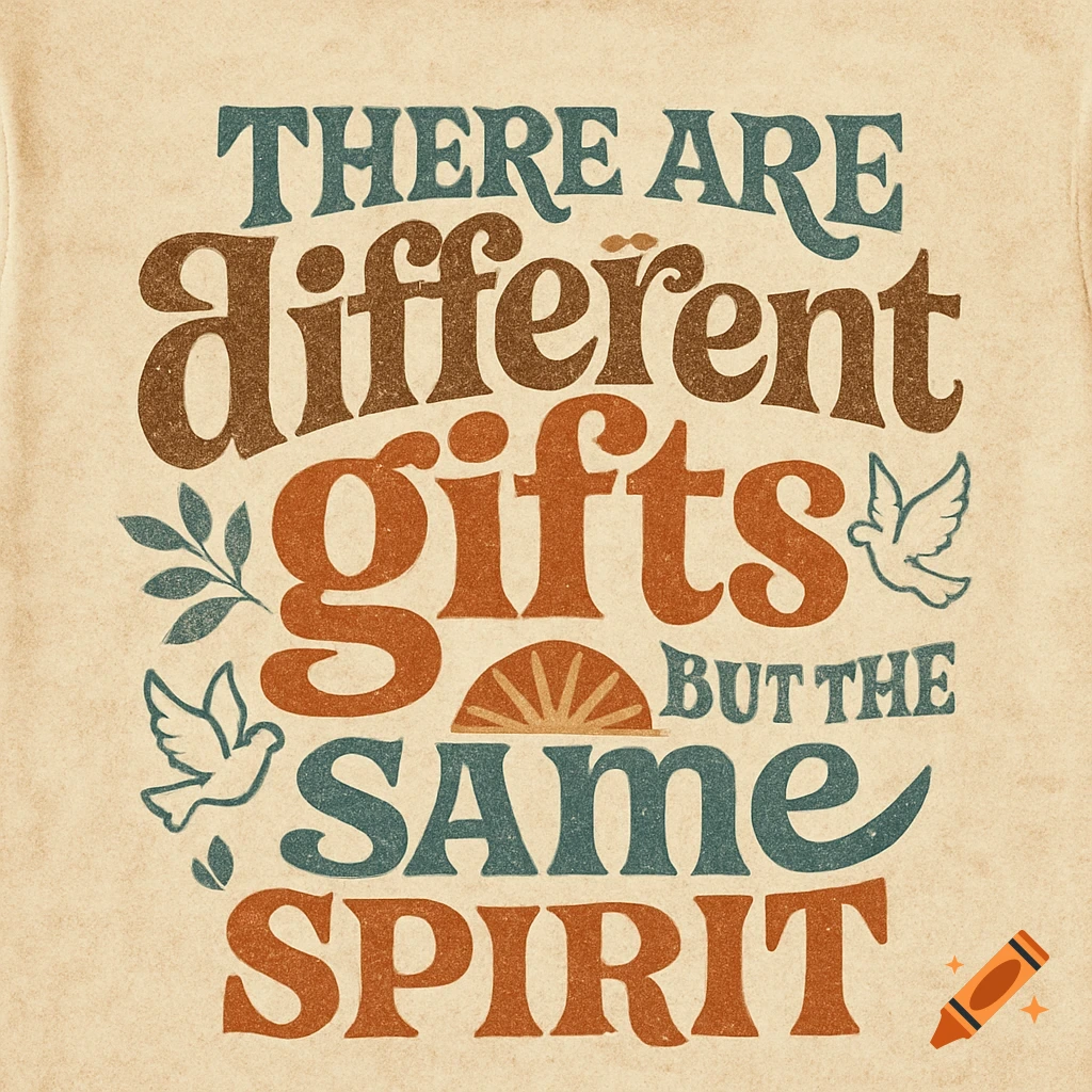 Vintage style quote "There are different gifts but the same spirit" with doves and leaves on a distressed background.