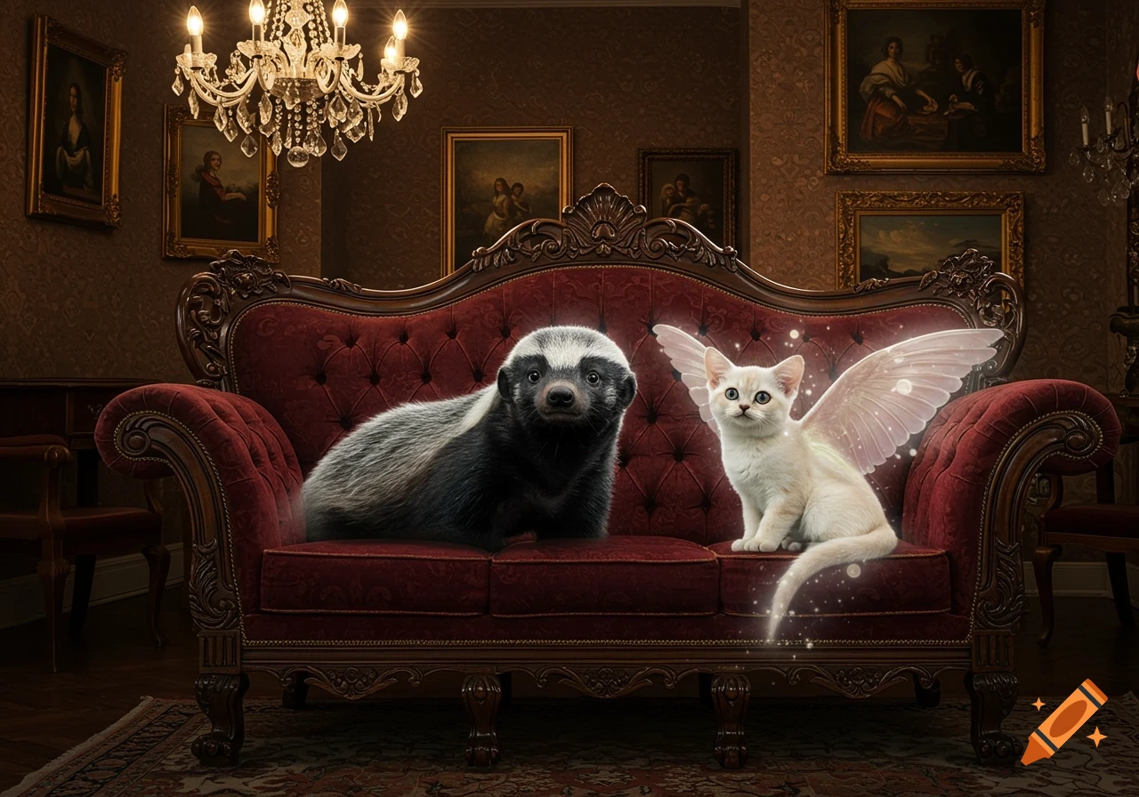 A honey badger and a white angelic cat with glowing wings sit on a luxurious red velvet couch in a richly decorated room with chandeliers and framed paintings, in a photorealistic style.