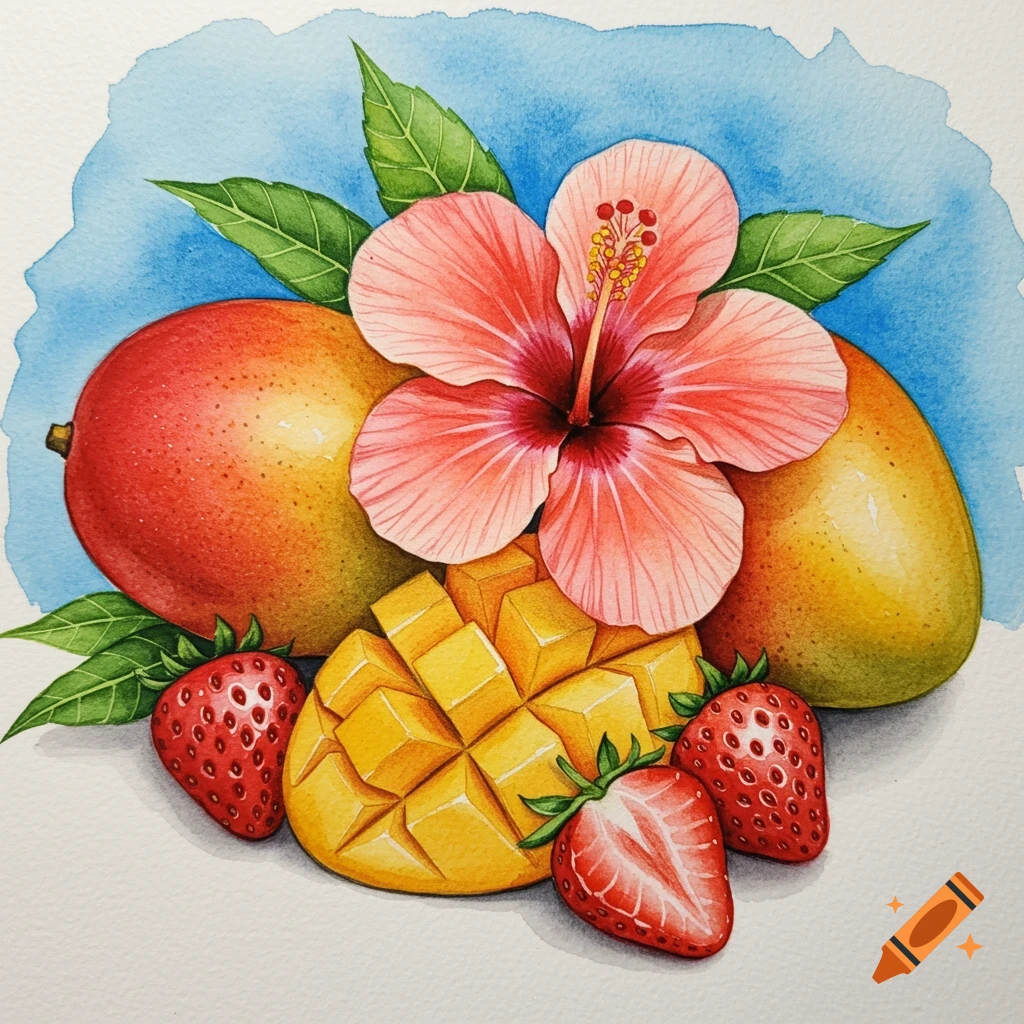 Watercolor painting of mangoes, sliced mango, and strawberries with a pink hibiscus flower and green leaves on a blue background.