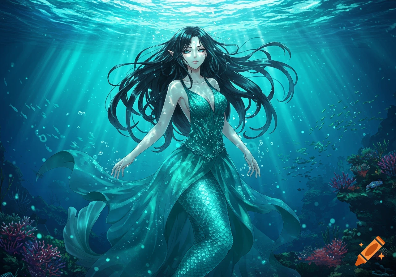 An anime mermaid with long black hair and a flowing turquoise dress swims in a vibrant blue underwater scene with sunlight rays and coral reefs.