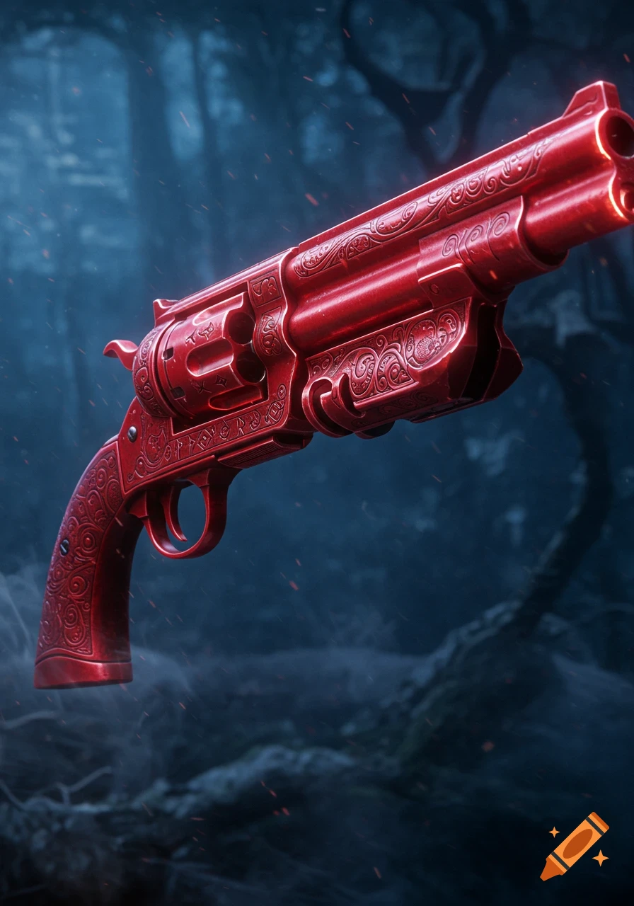 A highly detailed, ornate red revolver with intricate patterns floats against a dark, misty fantasy forest background.
