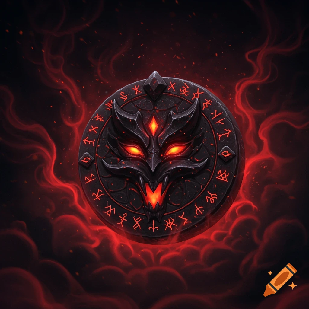 A dark, circular demonic emblem with glowing red eyes and mouth, surrounded by red smoke and runes.