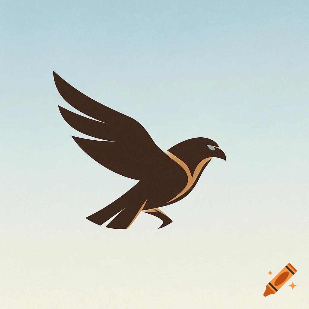 A minimalist brown and gold stylized bird in flight against a light blue and beige gradient background.