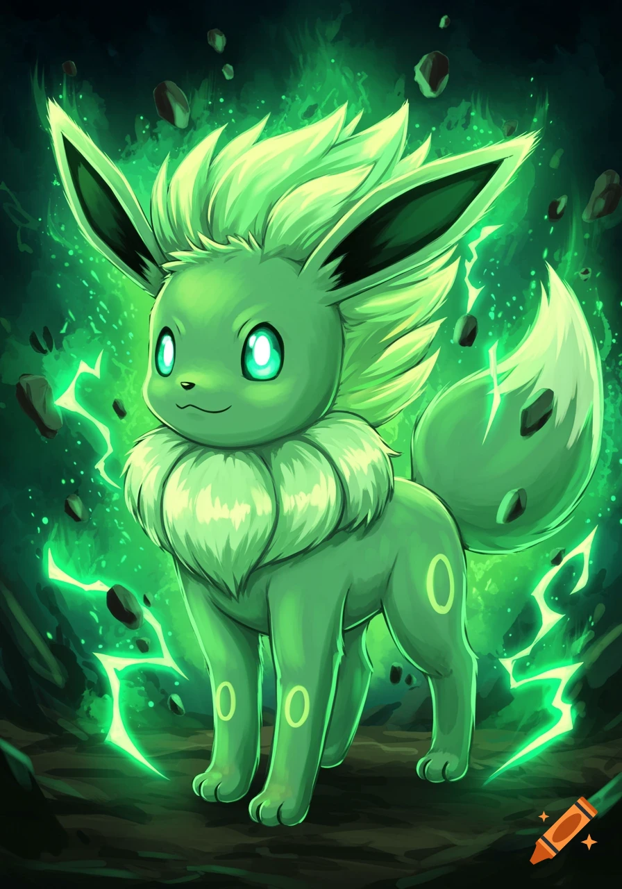 A vibrant green Eevee-like creature with glowing eyes and a spiky mane stands amidst green lightning and floating rocks.