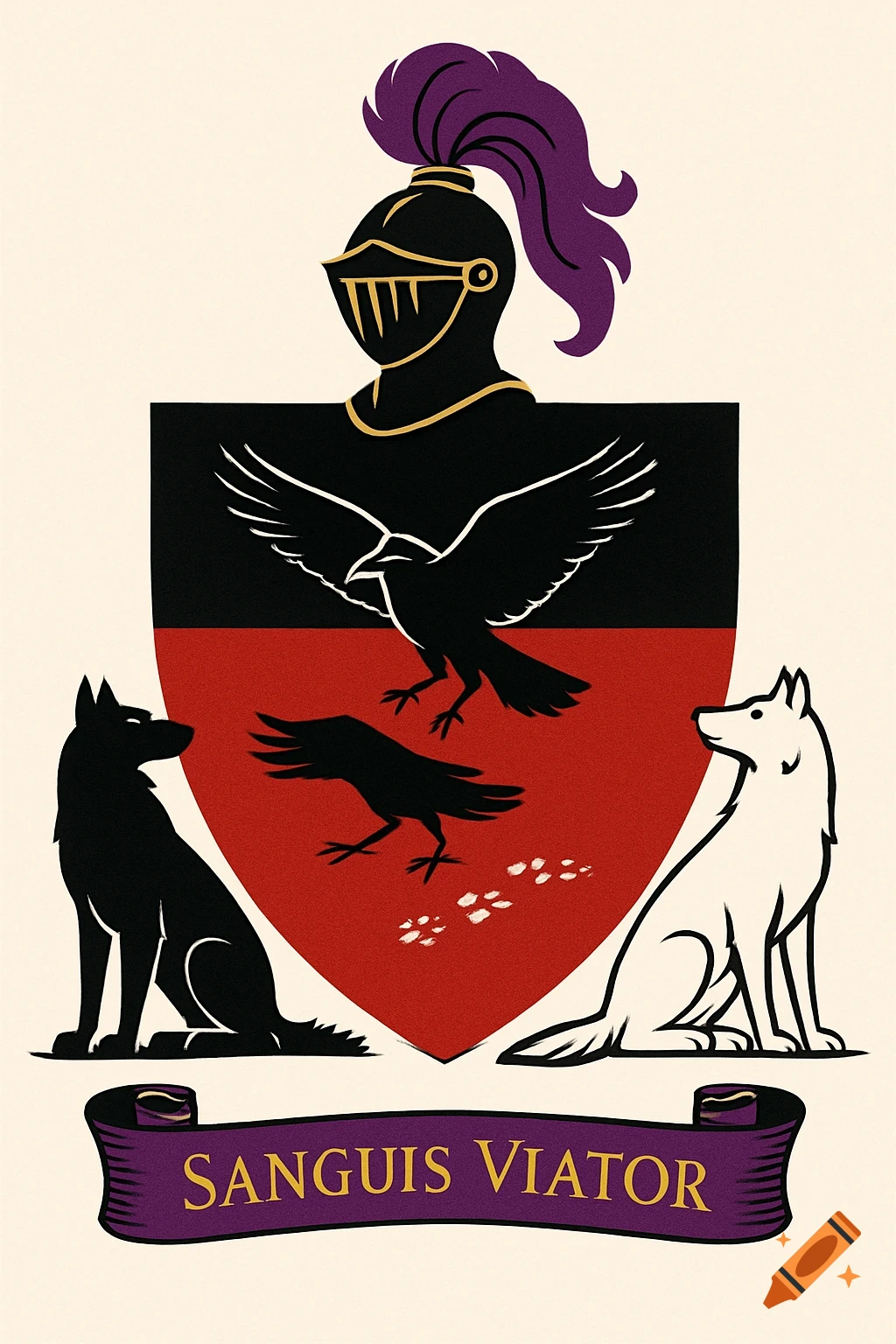 Medieval heraldic coat of arms with a black helm, red and black shield, two ravens, two wolves (black and white), and a scroll with 'Sanguis Viator'.