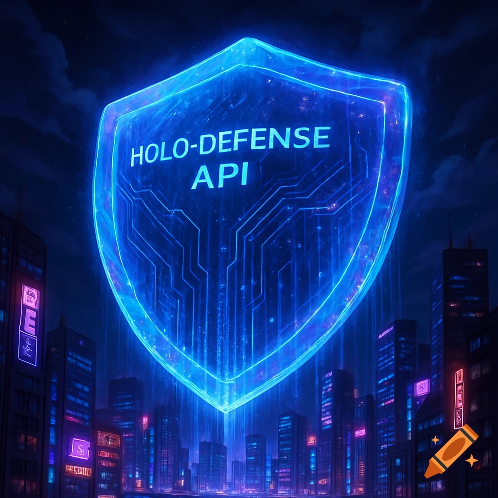 A large, glowing blue holographic shield with the text 'HOLO-DEFENSE API' hovers over a futuristic city skyline at night.