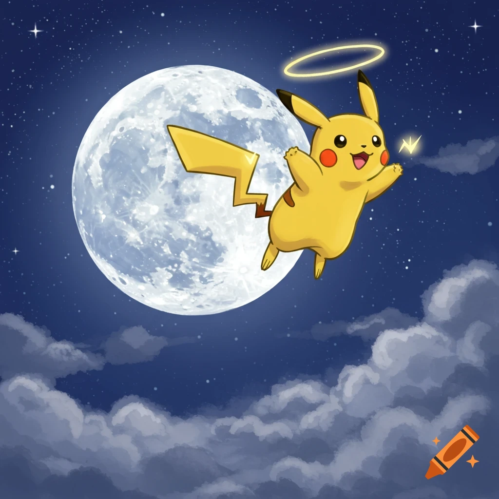 A cute cartoon Pikachu with a glowing halo floats past a large full moon in a starry night sky with clouds below.