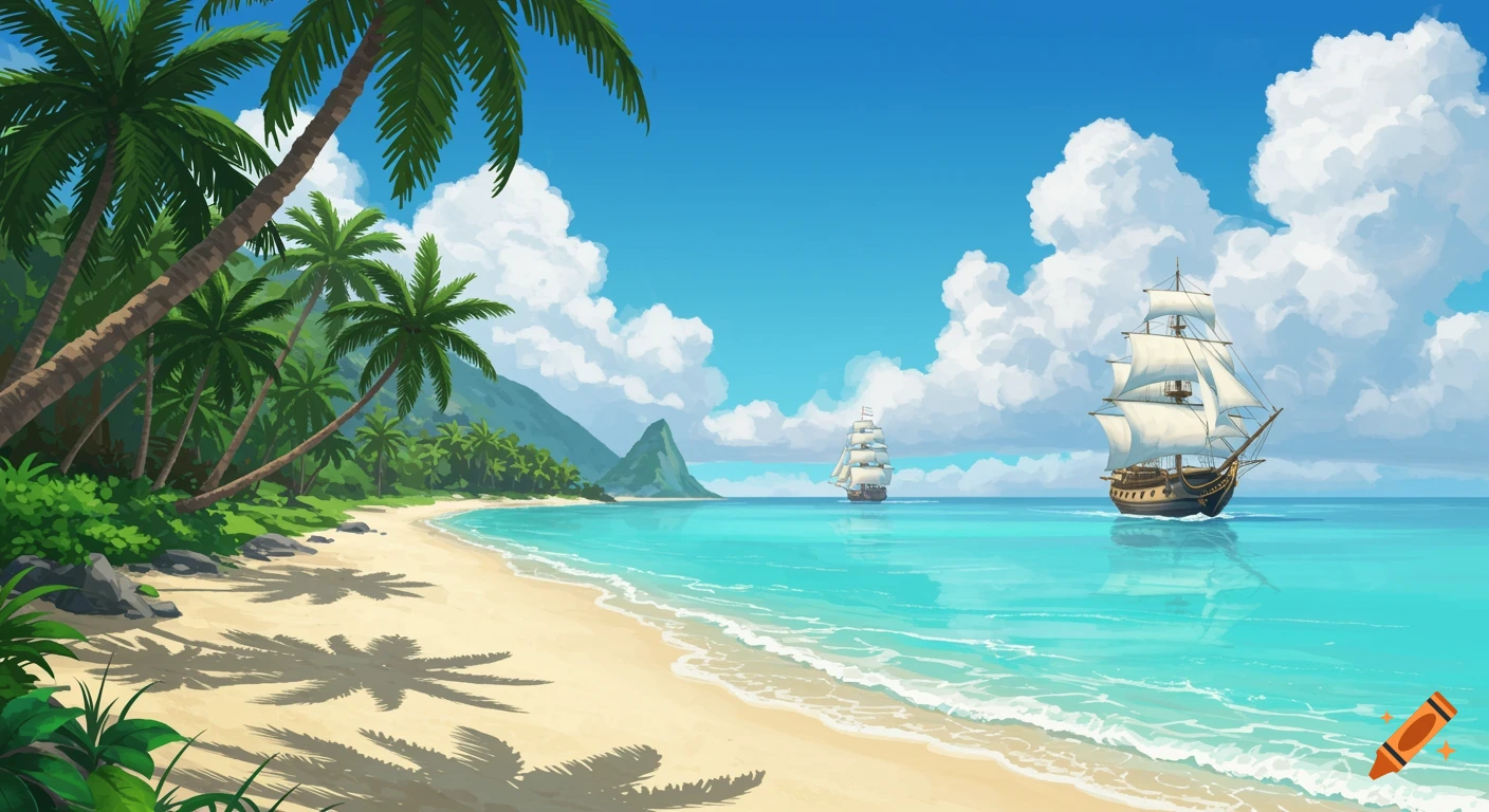 A vibrant tropical beach scene with palm trees casting shadows on the sand, clear turquoise water, and two sailing ships on the blue ocean under a partly cloudy sky.