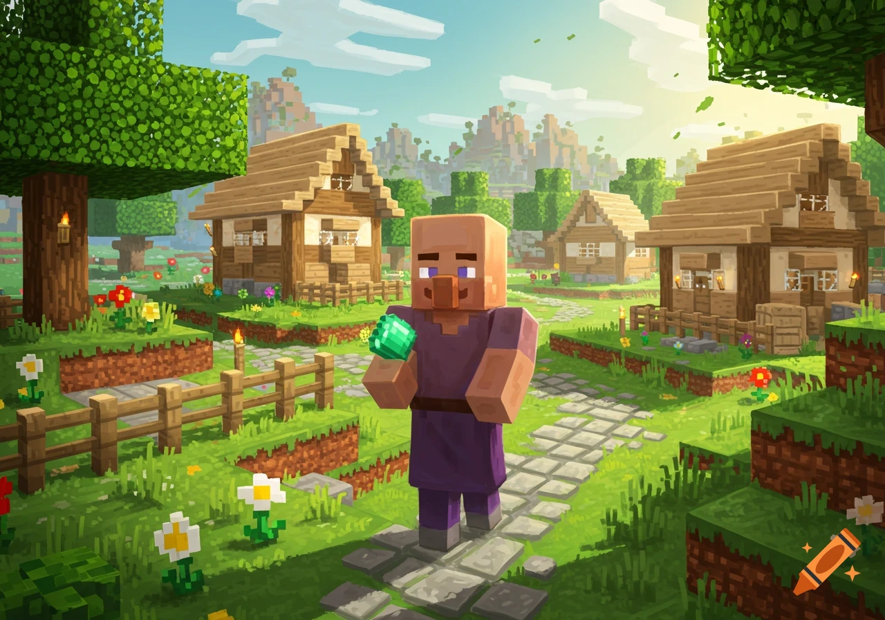 A Minecraft villager holding an emerald stands on a stone path in a sunny, blocky village with houses and trees.
