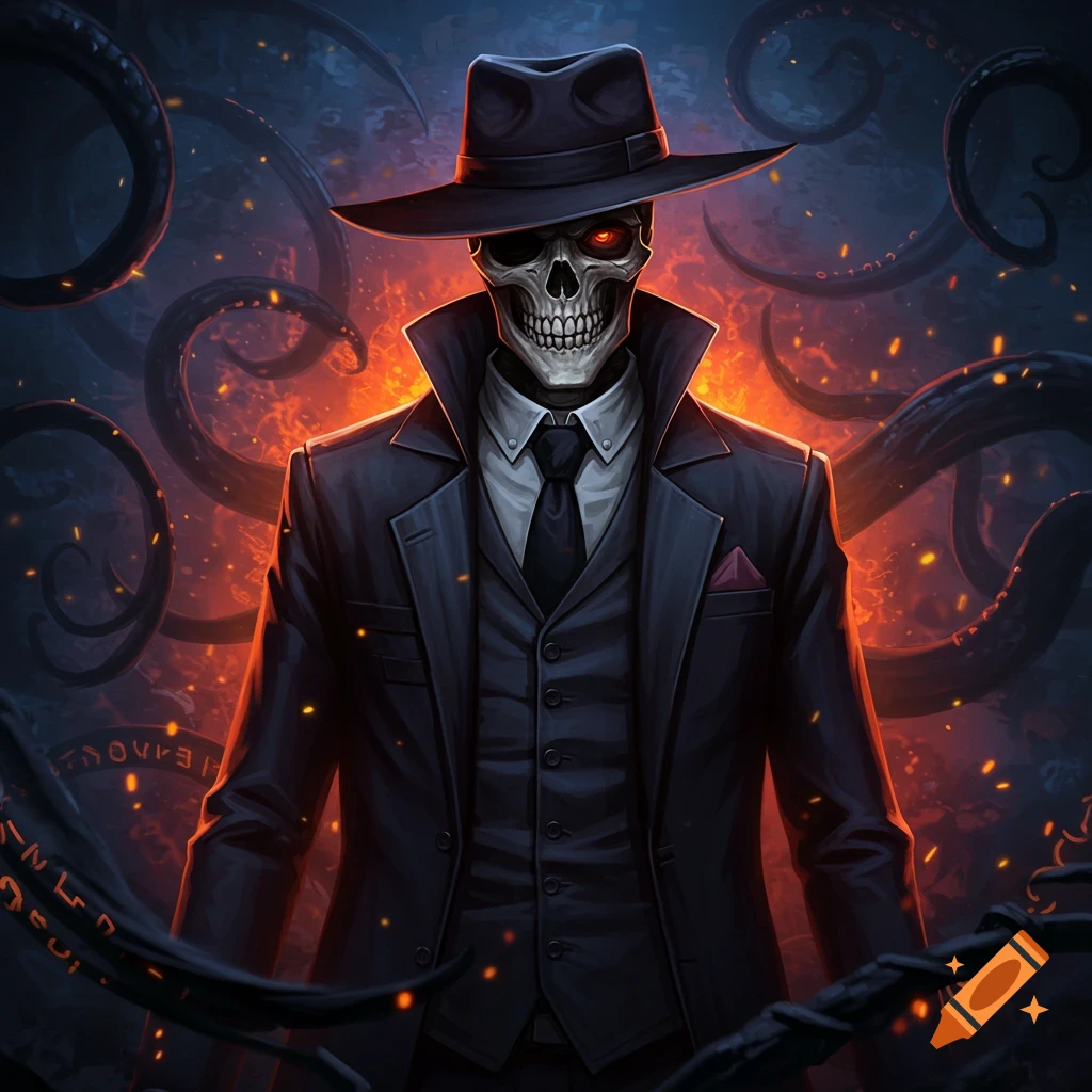 A stylized illustration of a skeleton in a dark suit and fedora with glowing red eyes, against a backdrop of orange flames and dark tentacles.